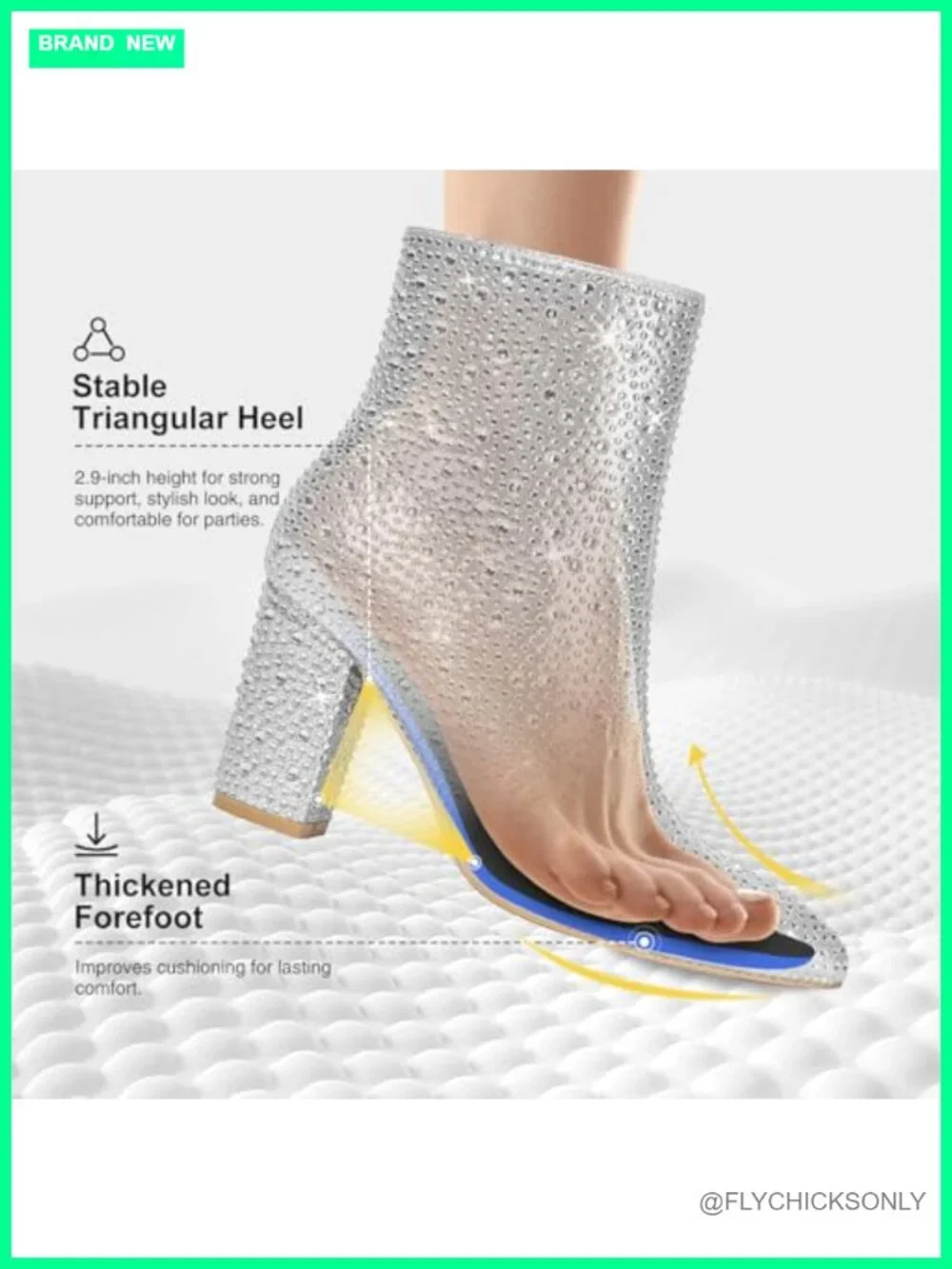 Rhinestone Ankle Booties Pointed Toe Block Heel Side Zip Party
